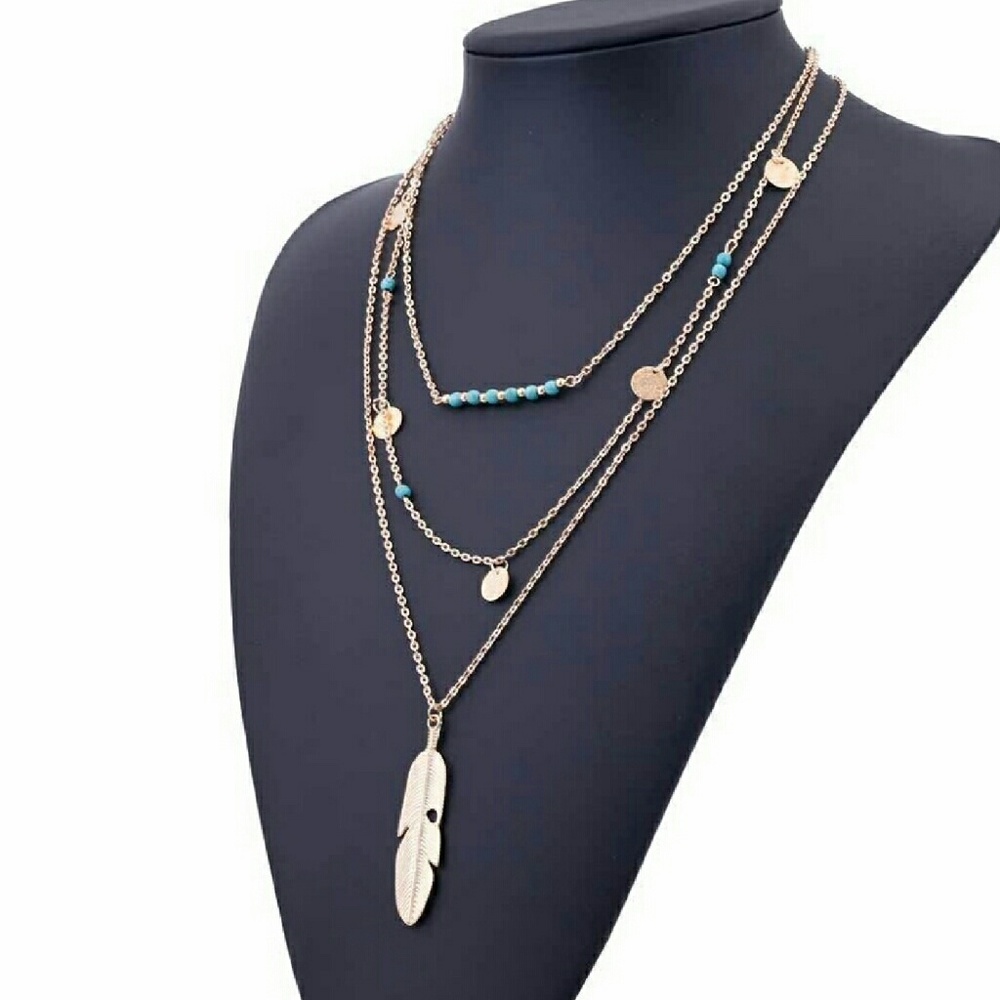 3 Layer Gold Feather Necklace - Picture 2 of 3